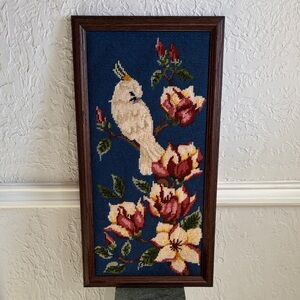 Vintage Framed Sunset Needlepoint Crested Cockatoo